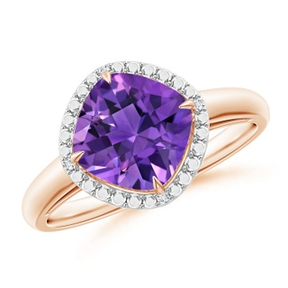8mm AAAA Cushion Amethyst Compass Ring with Beaded Halo in 9K Rose Gold