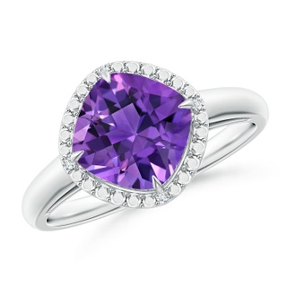 8mm AAAA Cushion Amethyst Compass Ring with Beaded Halo in P950 Platinum