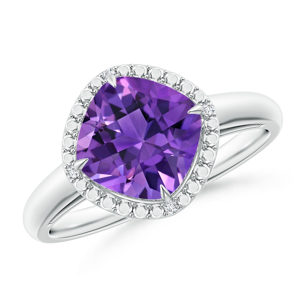 8mm AAAA Cushion Amethyst Compass Ring with Beaded Halo in White Gold