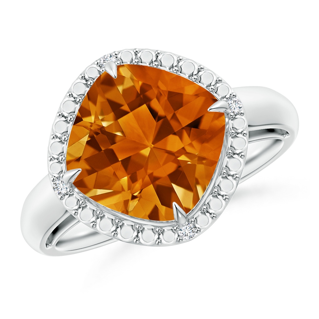 10mm AAAA Cushion Citrine Compass Ring with Beaded Halo in White Gold