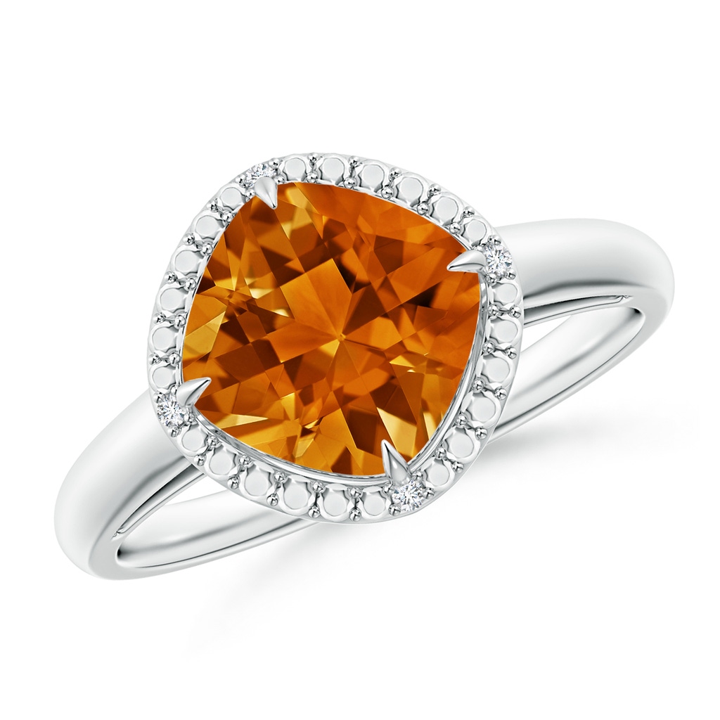 8mm AAAA Cushion Citrine Compass Ring with Beaded Halo in White Gold