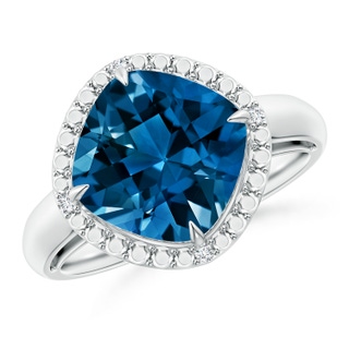 10mm AAAA Cushion London Blue Topaz Compass Ring with Beaded Halo in P950 Platinum