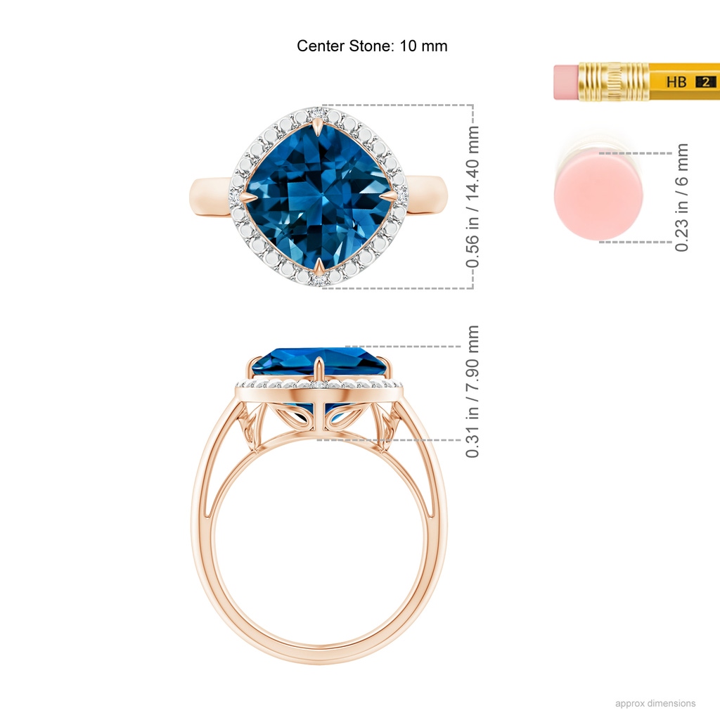 10mm AAAA Cushion London Blue Topaz Compass Ring with Beaded Halo in Rose Gold Ruler