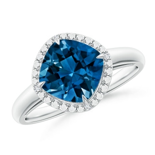 8mm AAAA Cushion London Blue Topaz Compass Ring with Beaded Halo in P950 Platinum