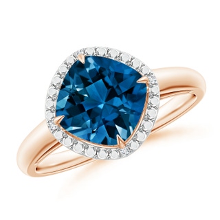 8mm AAAA Cushion London Blue Topaz Compass Ring with Beaded Halo in Rose Gold