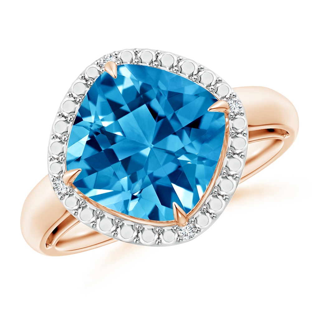 10mm AAAA Cushion Swiss Blue Topaz Compass Ring with Beaded Halo in Rose Gold