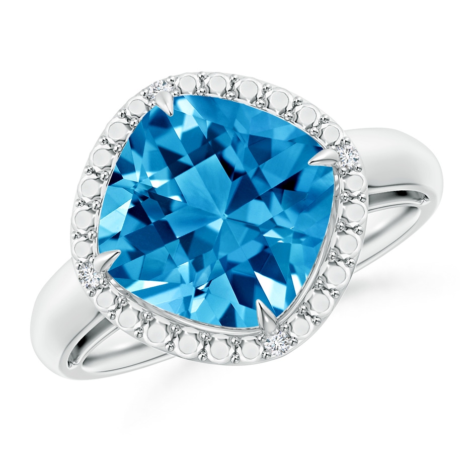 10mm AAAA Cushion Swiss Blue Topaz Compass Ring with Beaded Halo in White Gold 