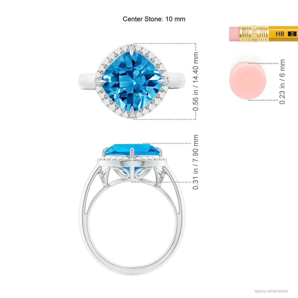 10mm AAAA Cushion Swiss Blue Topaz Compass Ring with Beaded Halo in White Gold Ruler