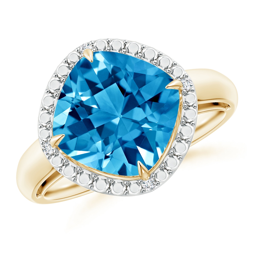 10mm AAAA Cushion Swiss Blue Topaz Compass Ring with Beaded Halo in Yellow Gold