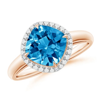 8mm AAAA Cushion Swiss Blue Topaz Compass Ring with Beaded Halo in Rose Gold