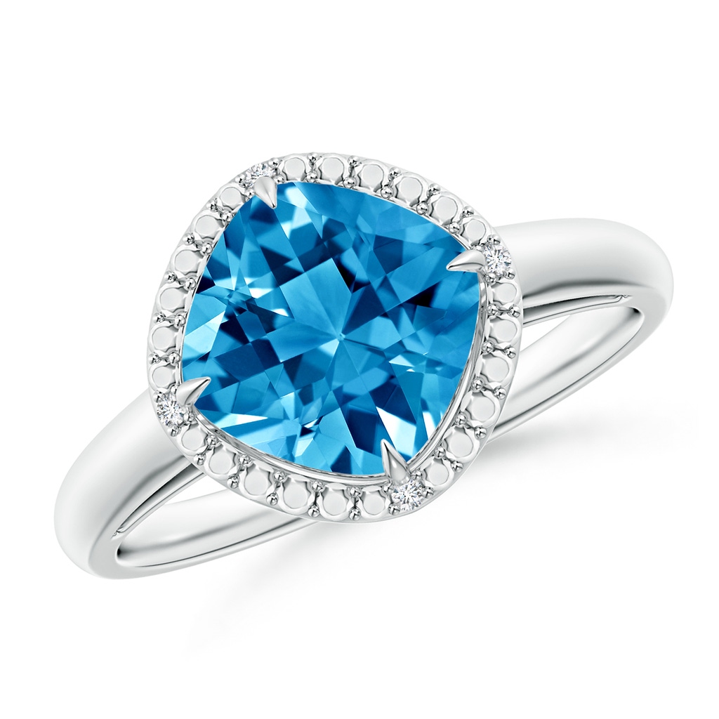 8mm AAAA Cushion Swiss Blue Topaz Compass Ring with Beaded Halo in White Gold