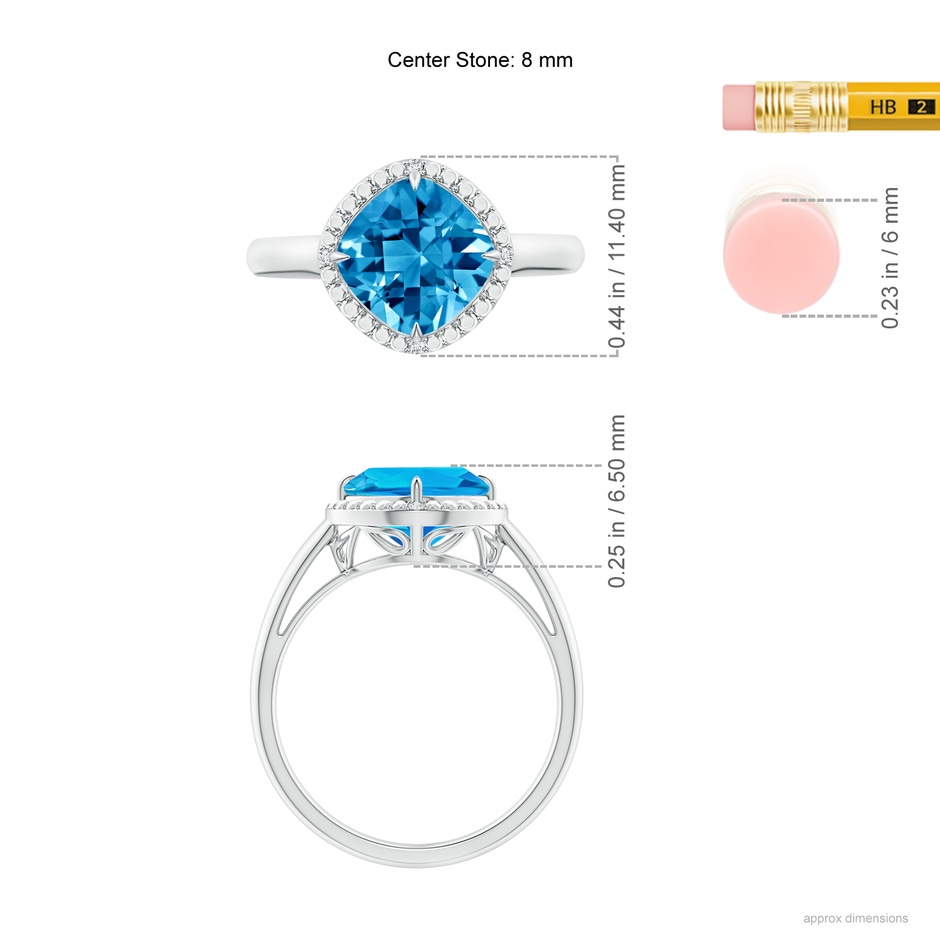 8mm AAAA Cushion Swiss Blue Topaz Compass Ring with Beaded Halo in White Gold ruler