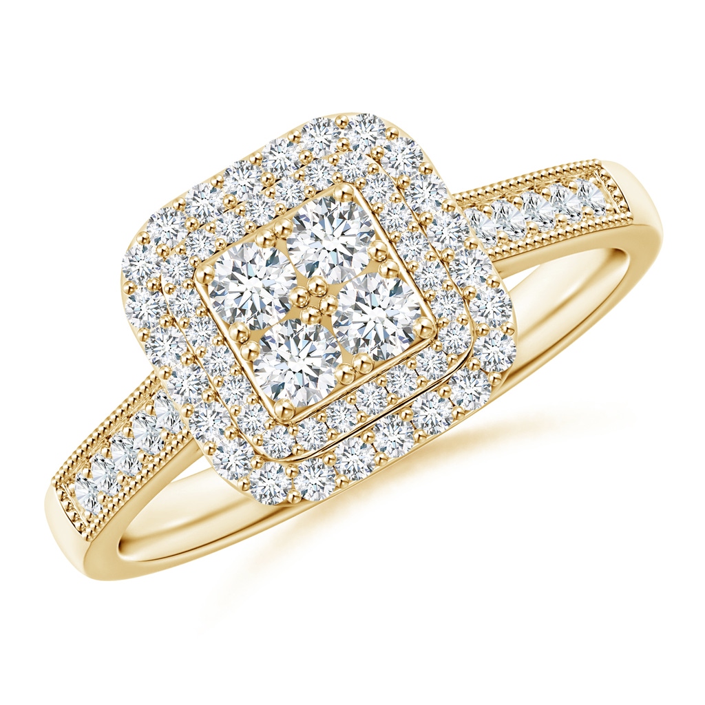 2.4mm GVS2 Diamond Clustre Cushion Engagement Ring with Double Halo in 10K Yellow Gold
