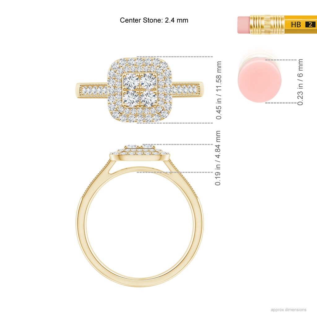 2.4mm GVS2 Diamond Clustre Cushion Engagement Ring with Double Halo in 10K Yellow Gold Ruler