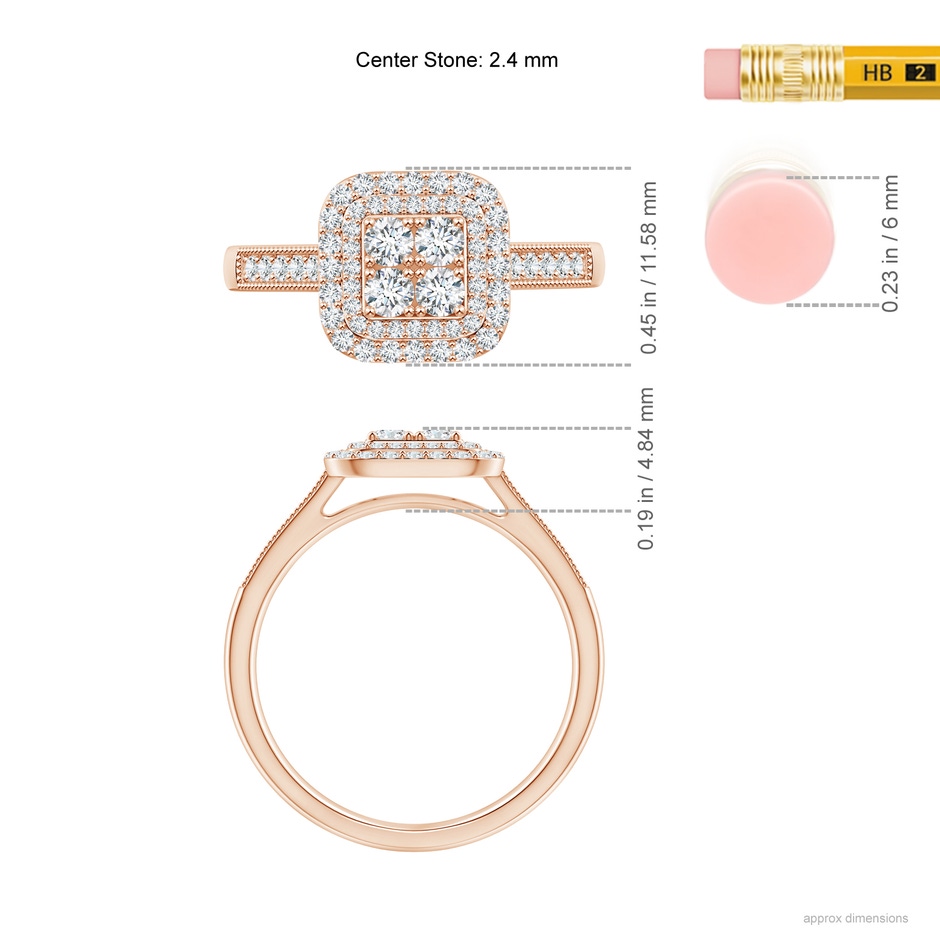 2.4mm GVS2 Diamond Clustre Cushion Engagement Ring with Double Halo in Rose Gold ruler