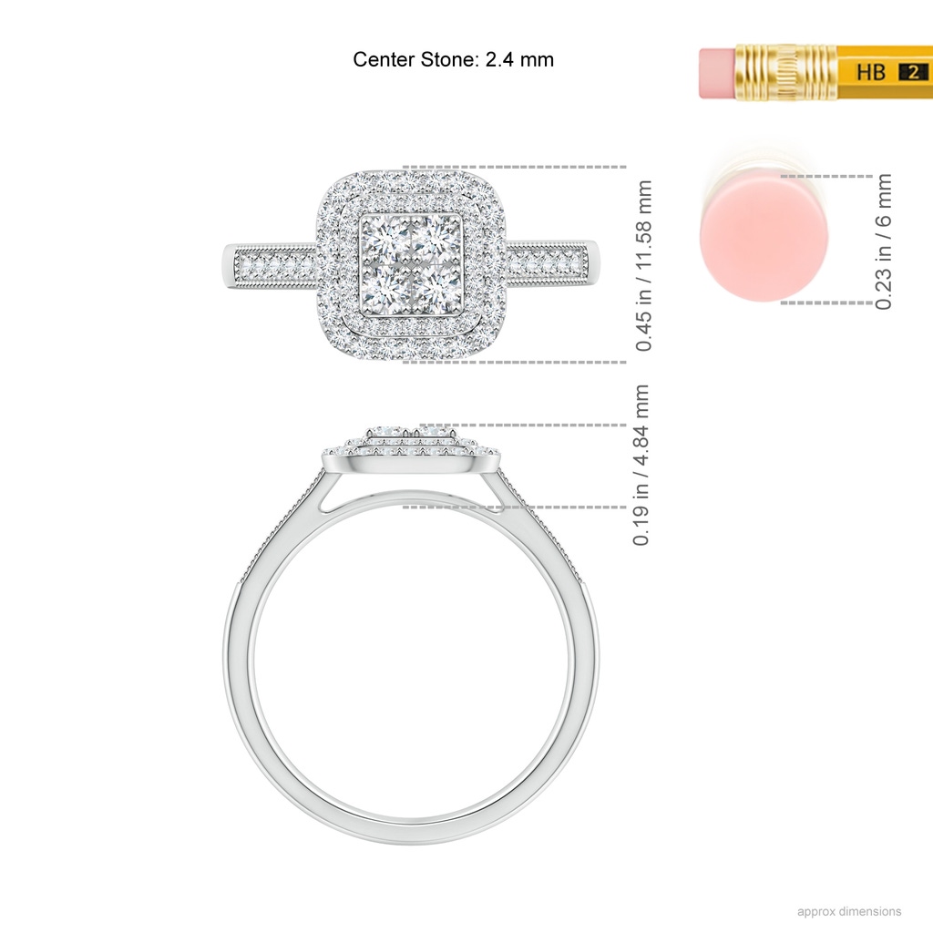 2.4mm GVS2 Diamond Clustre Cushion Engagement Ring with Double Halo in White Gold Ruler