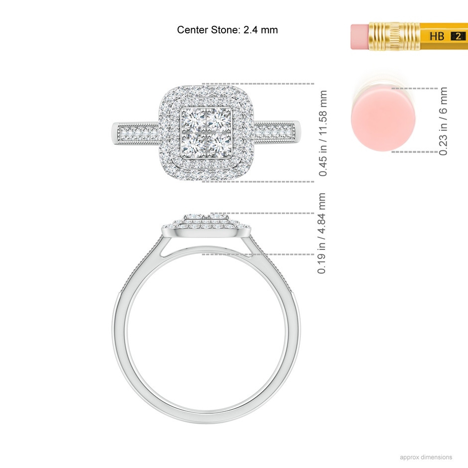 2.4mm GVS2 Diamond Clustre Cushion Engagement Ring with Double Halo in White Gold ruler