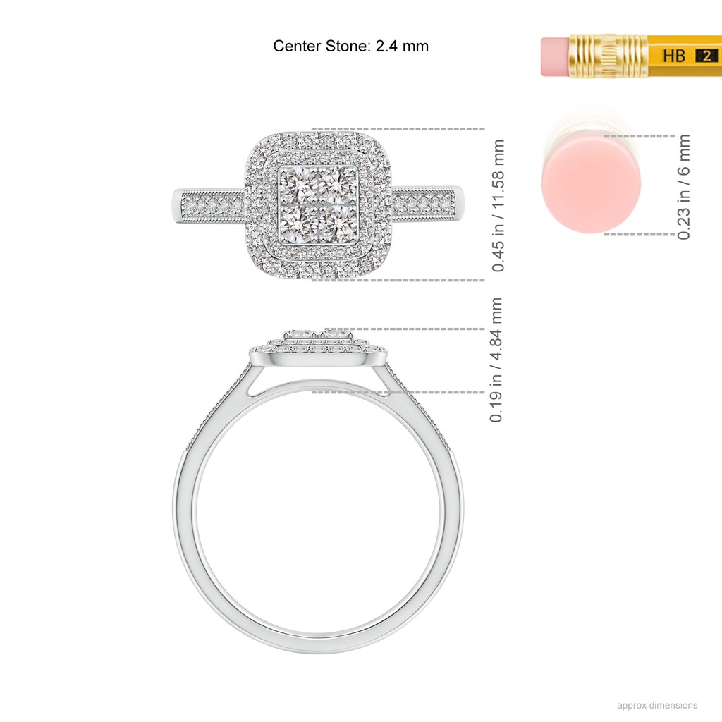 2.4mm IJI1I2 Diamond Clustre Cushion Engagement Ring with Double Halo in White Gold Ruler