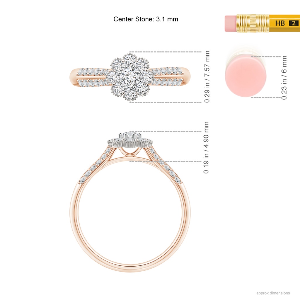 3.1mm HSI2 Floral Cluster Diamond Two Tone Engagement Ring with Milgrain in Rose Gold White Gold Ruler