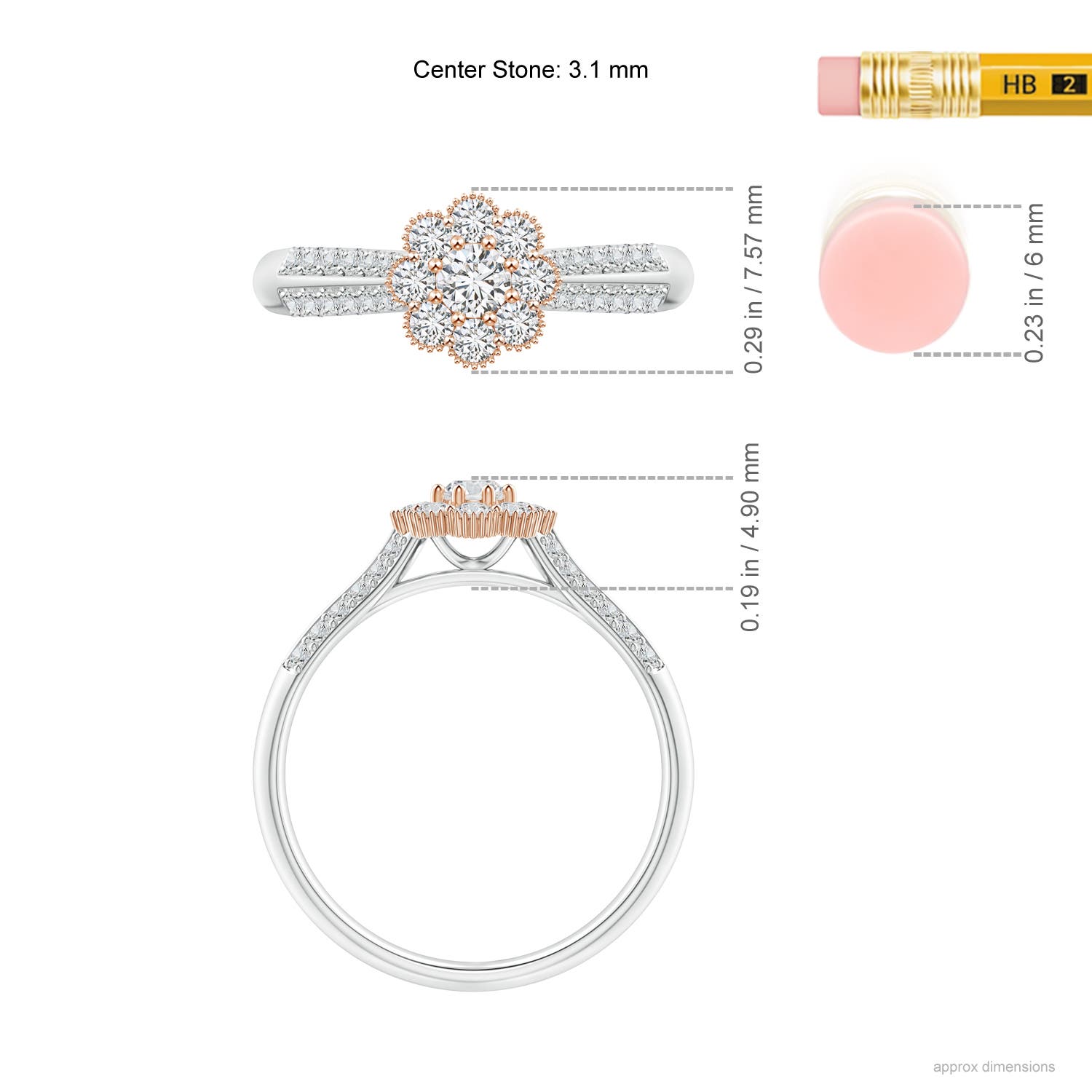 3.1mm HSI2 Floral Cluster Diamond Two Tone Engagement Ring with Milgrain in White Gold Rose Gold - ruler