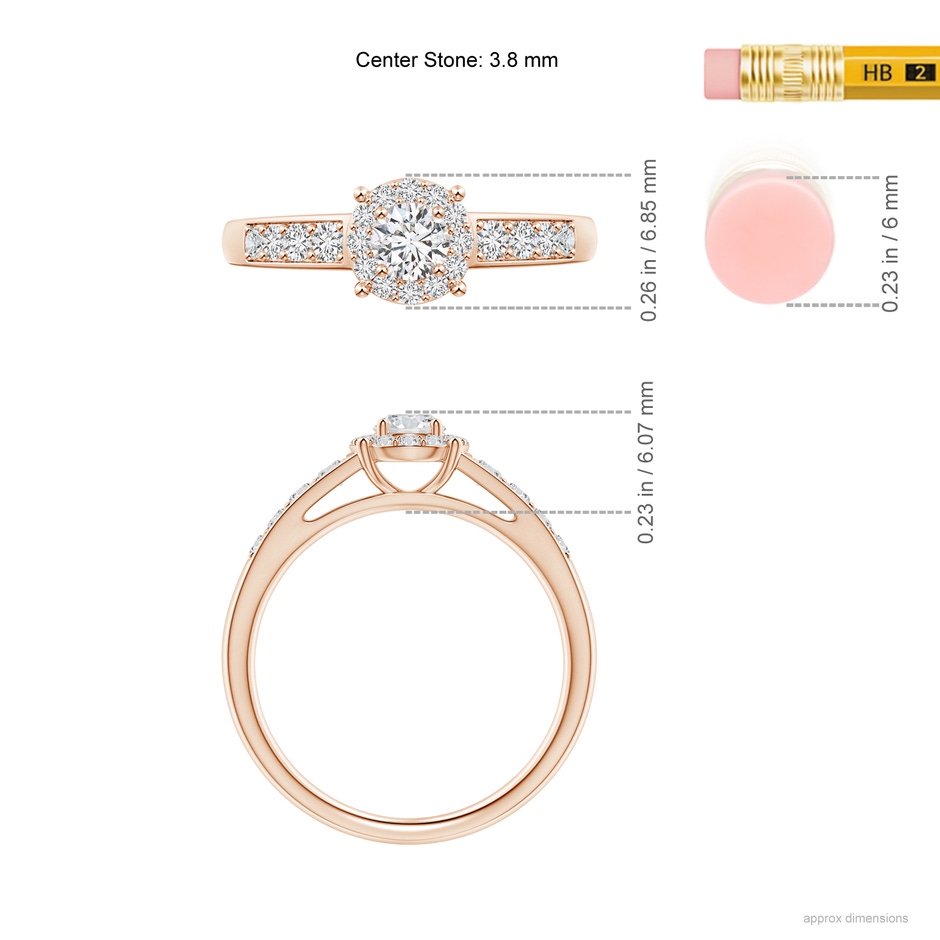 3.8mm HSI2 Round Diamond Halo Engagement Ring in Rose Gold ruler