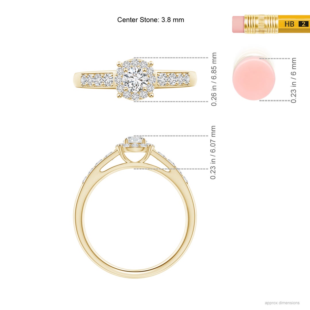 3.8mm HSI2 Round Diamond Halo Engagement Ring in Yellow Gold - ruler