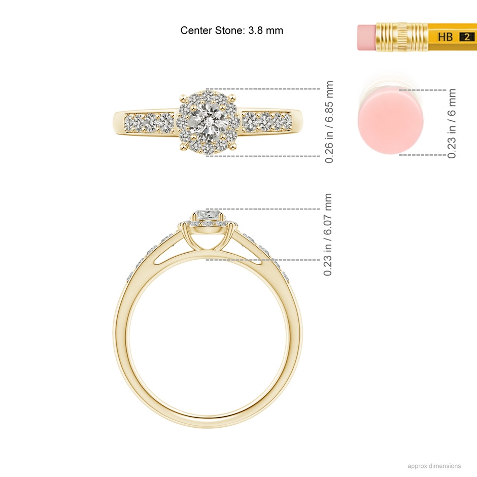 3.8mm KI3 Round Diamond Halo Engagement Ring in Yellow Gold ruler
