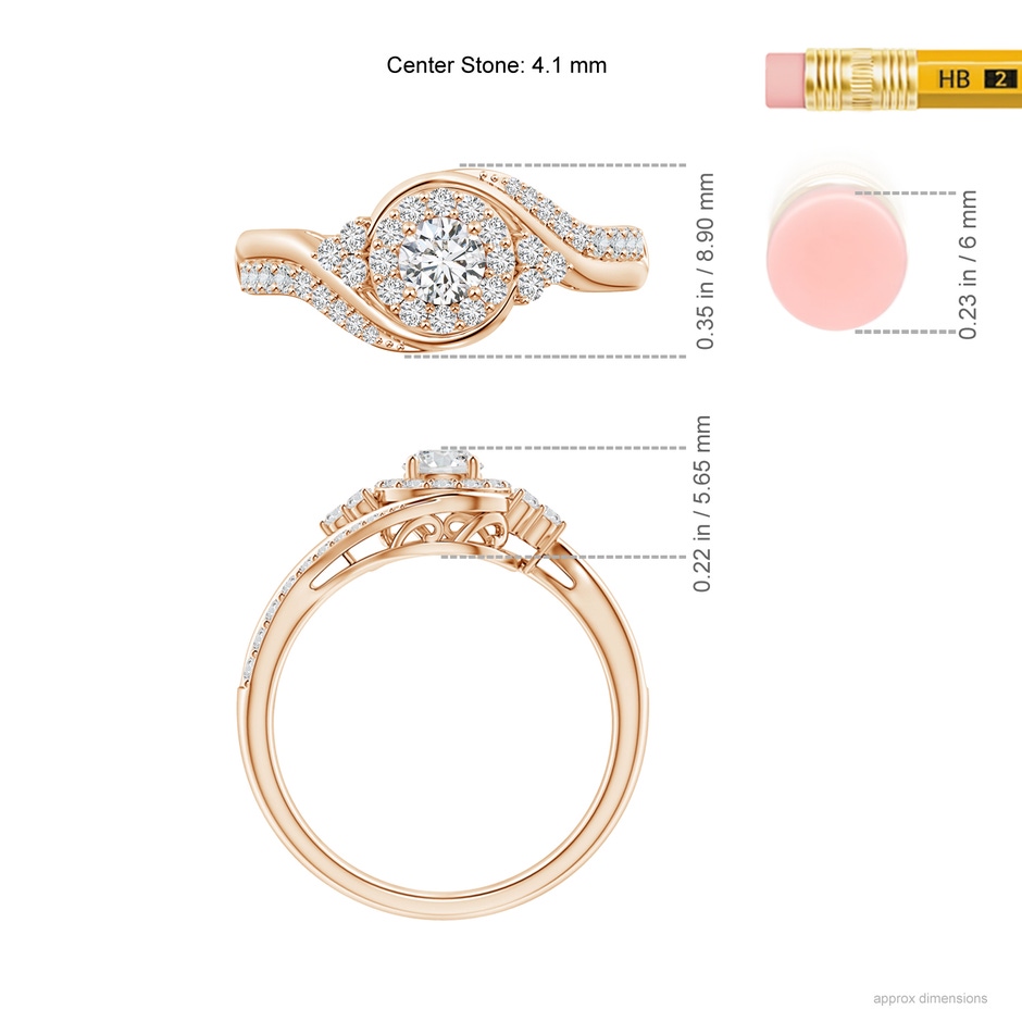 4.1mm HSI2 Diamond Halo Bypass Engagement Ring in Rose Gold ruler