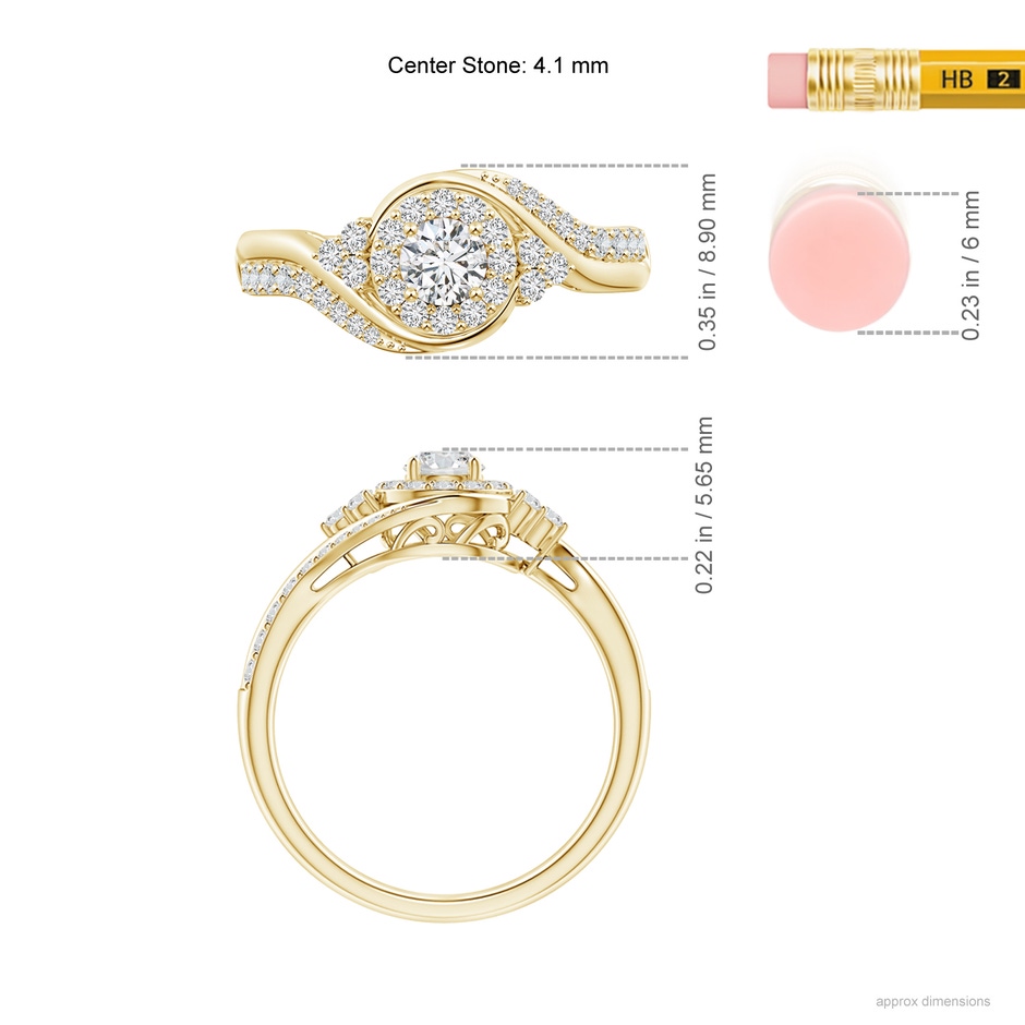 4.1mm HSI2 Diamond Halo Bypass Engagement Ring in Yellow Gold ruler