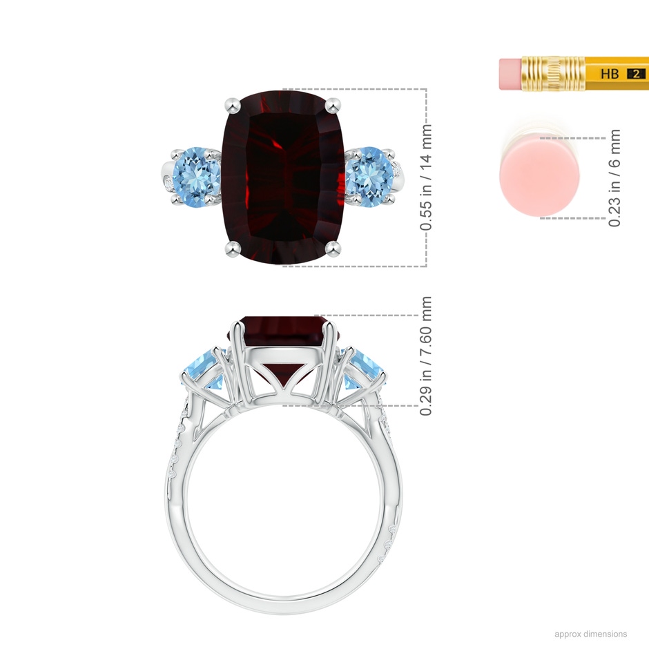 13.86x9.94x6.24mm AAA GIA Certified GIA Certified Rectangular Cushion Garnet Three Stone Ring in P950 Platinum ruler