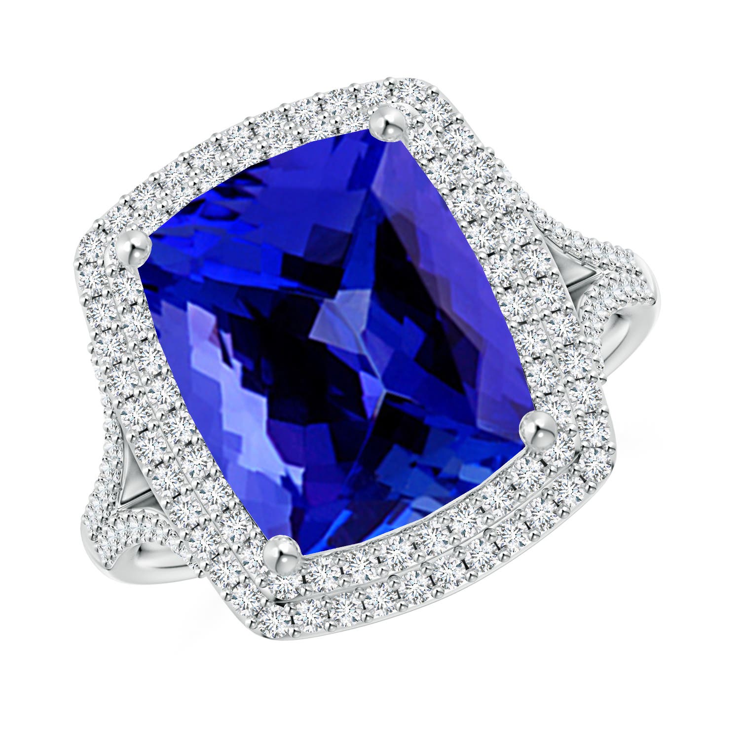 11.97x9.86x6.75mm AAAA GIA Certified Cushion Tanzanite Double Halo Cocktail Ring in 18CT White Gold