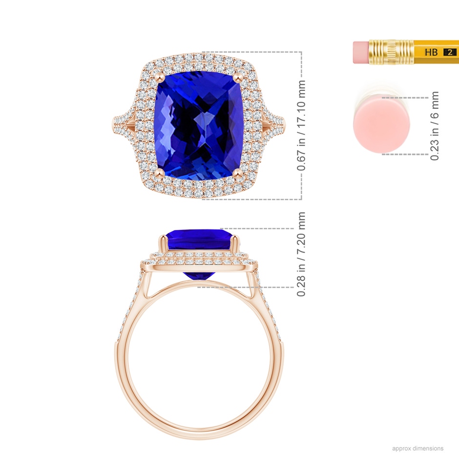 11.97x9.86x6.75mm AAAA GIA Certified Cushion Tanzanite Double Halo Cocktail Ring in Rose Gold ruler