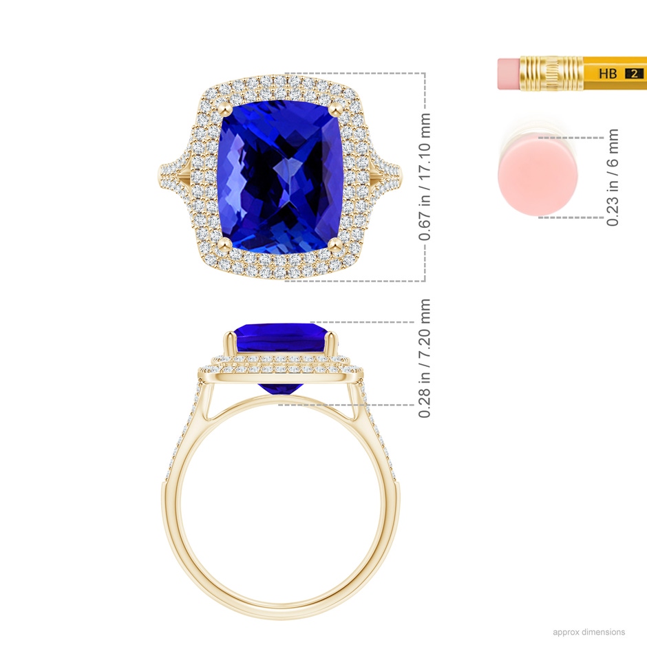 11.97x9.86x6.75mm AAAA GIA Certified Cushion Tanzanite Double Halo Cocktail Ring in Yellow Gold ruler