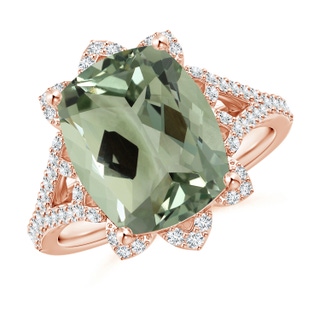 14.13x10.08x7.02mm AAAA Vintage Style GIA Certified Cushion Green Amethyst Floral Halo Ring in 9K Rose Gold