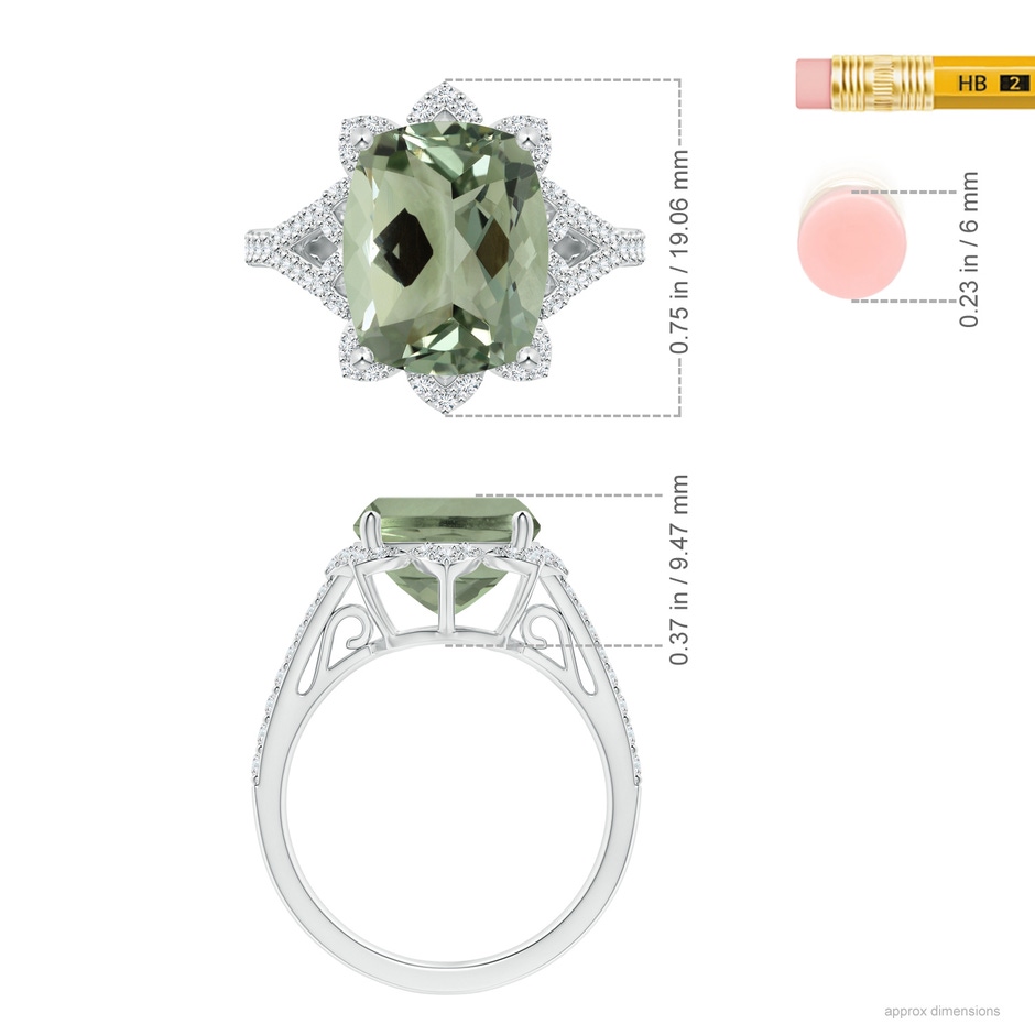 14.13x10.08x7.02mm AAAA Vintage Style GIA Certified Cushion Green Amethyst Floral Halo Ring in White Gold ruler