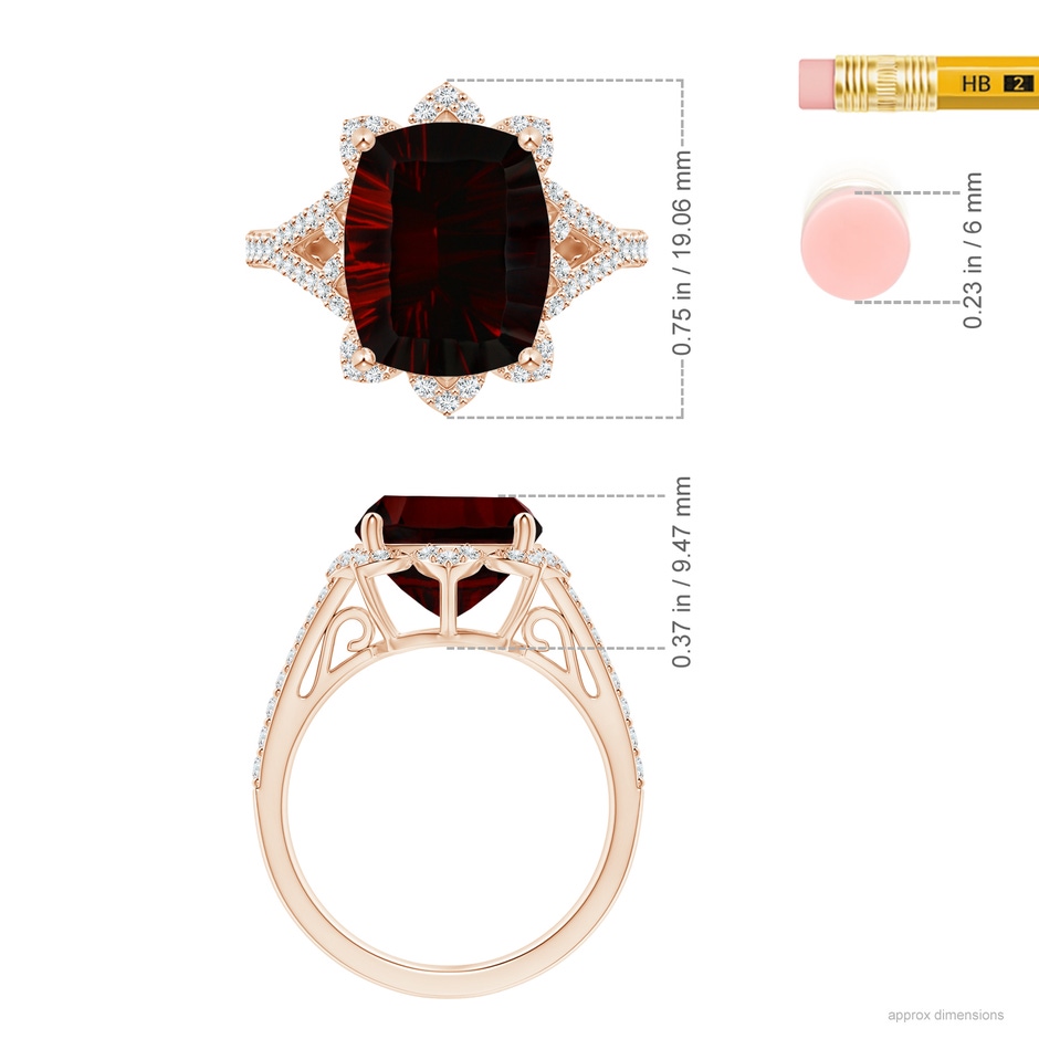 13.95x10.02x6.61mm AAAA Vintage Style GIA Certified Cushion Garnet Floral Halo Ring in Rose Gold ruler