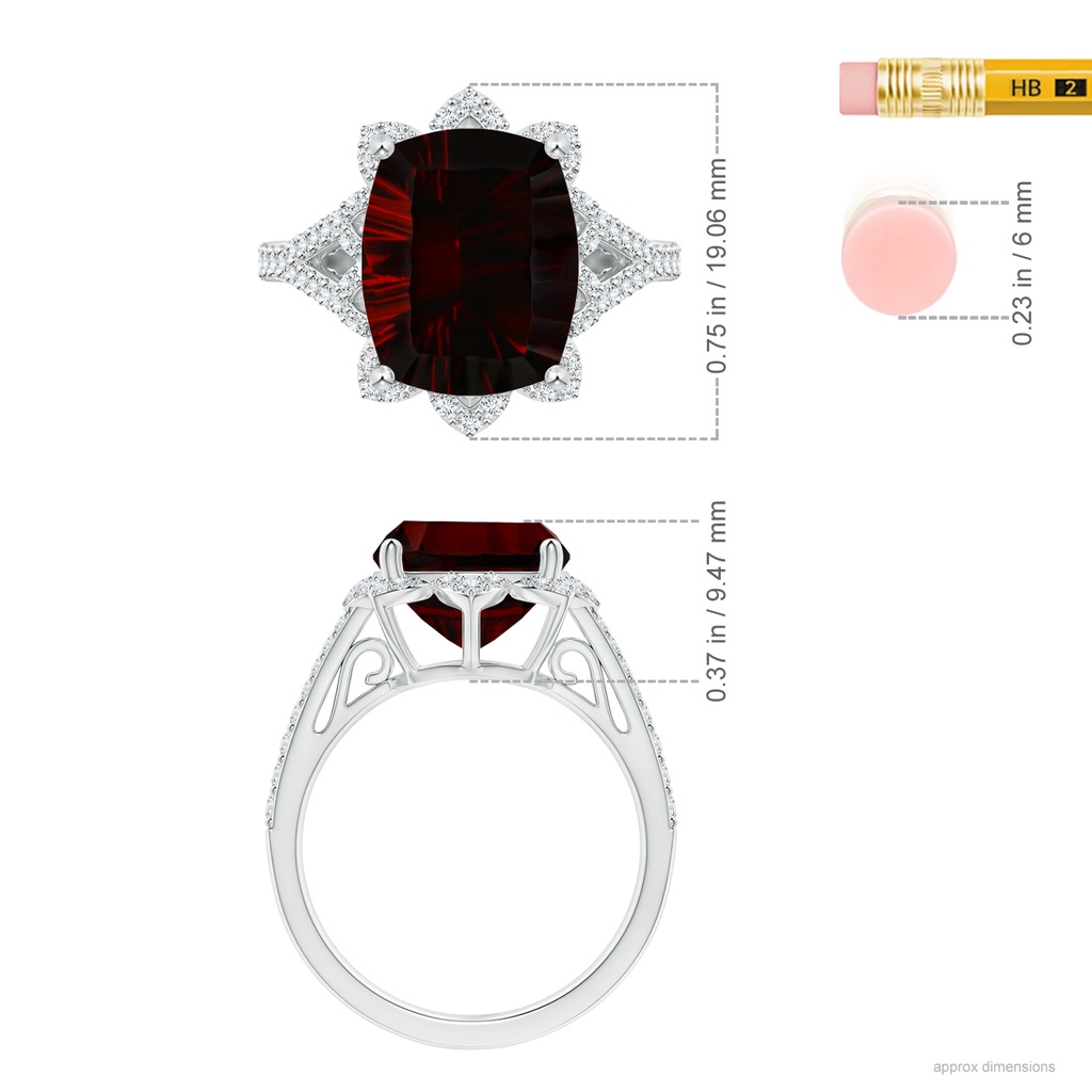 13.95x10.02x6.61mm AAAA Vintage Style GIA Certified Cushion Garnet Floral Halo Ring in White Gold Ruler