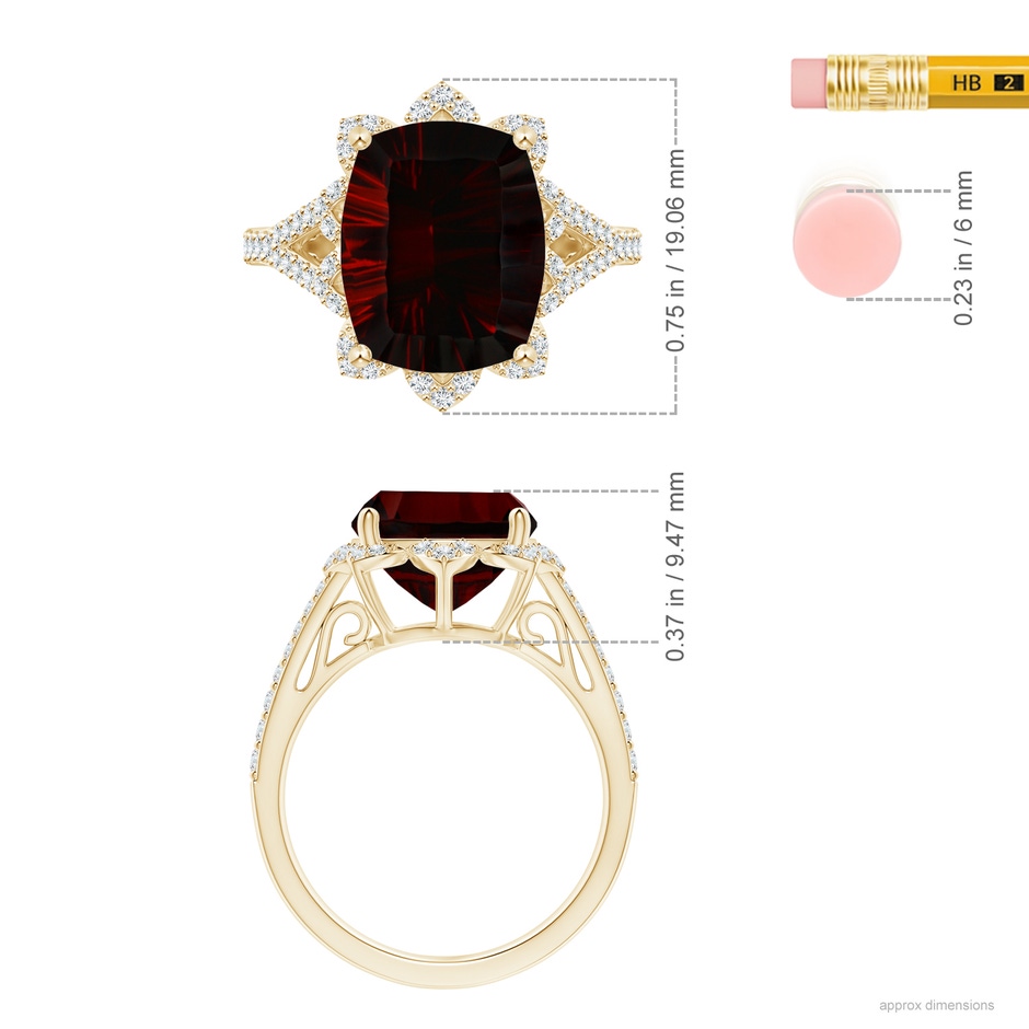 13.95x10.02x6.61mm AAAA Vintage Style GIA Certified Cushion Garnet Floral Halo Ring in Yellow Gold ruler