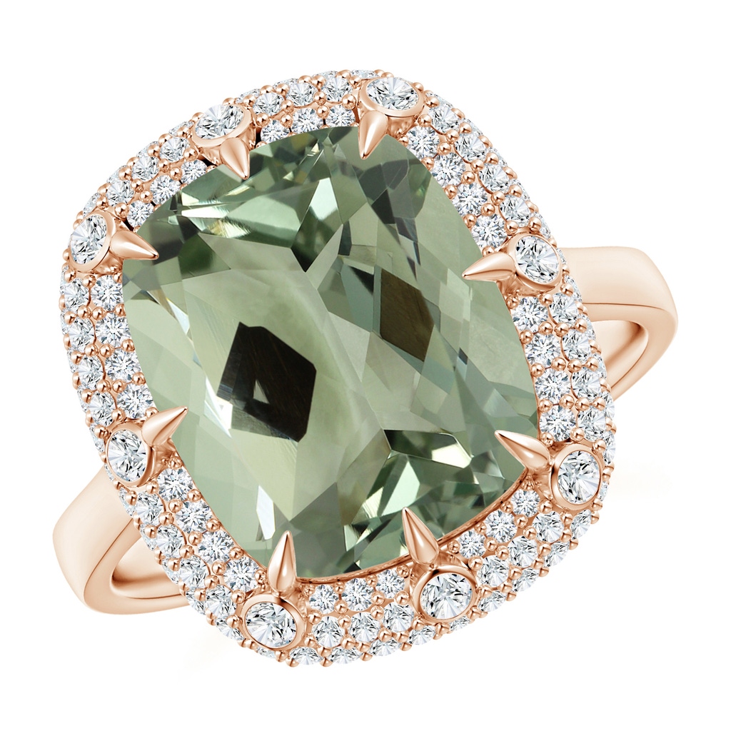 14.13x10.08x7.02mm AAAA GIA Certified Cushion Green Amethyst Halo Ring with Bezel-Set Accents in Rose Gold
