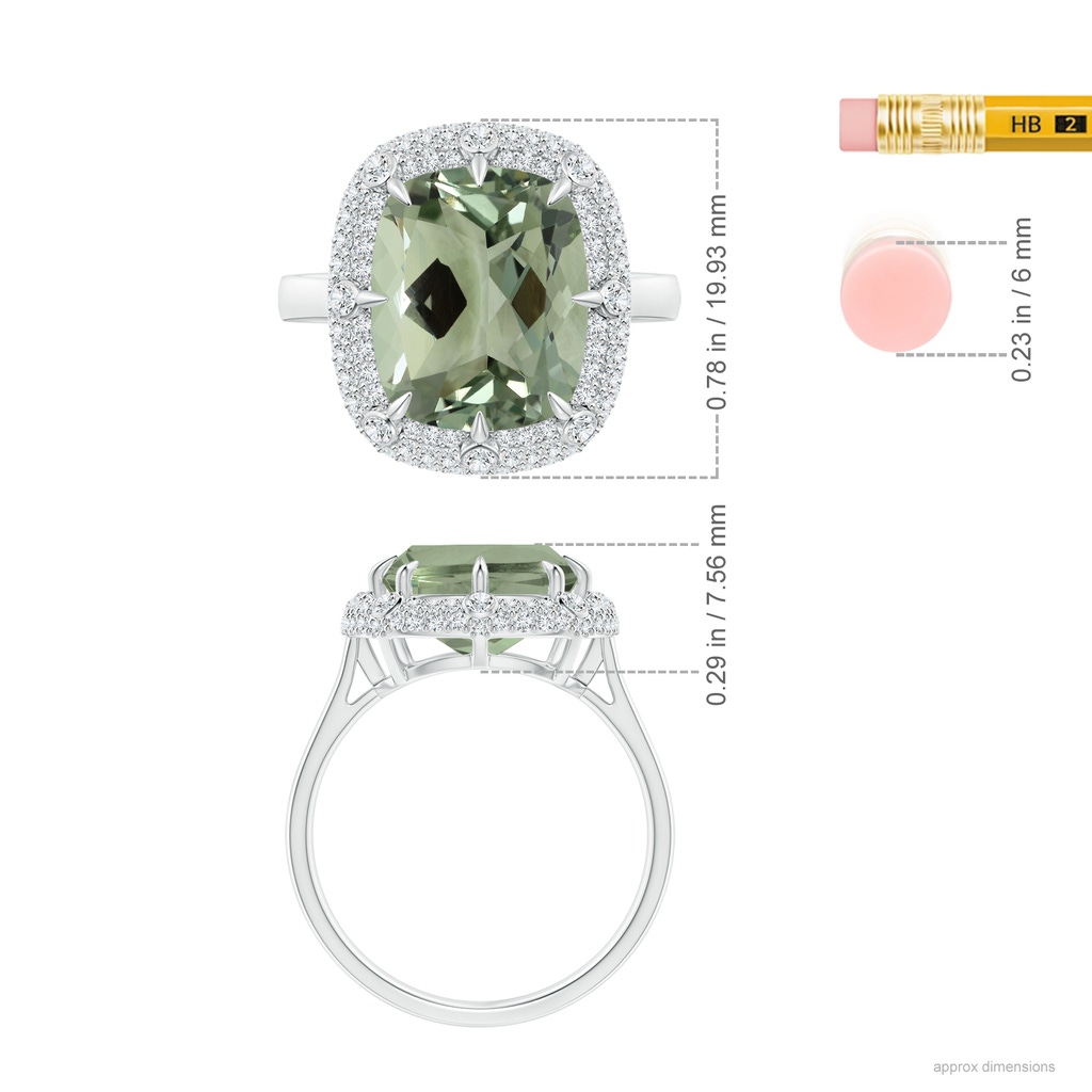 14.13x10.08x7.02mm AAAA GIA Certified Cushion Green Amethyst Halo Ring with Bezel-Set Accents in White Gold ruler