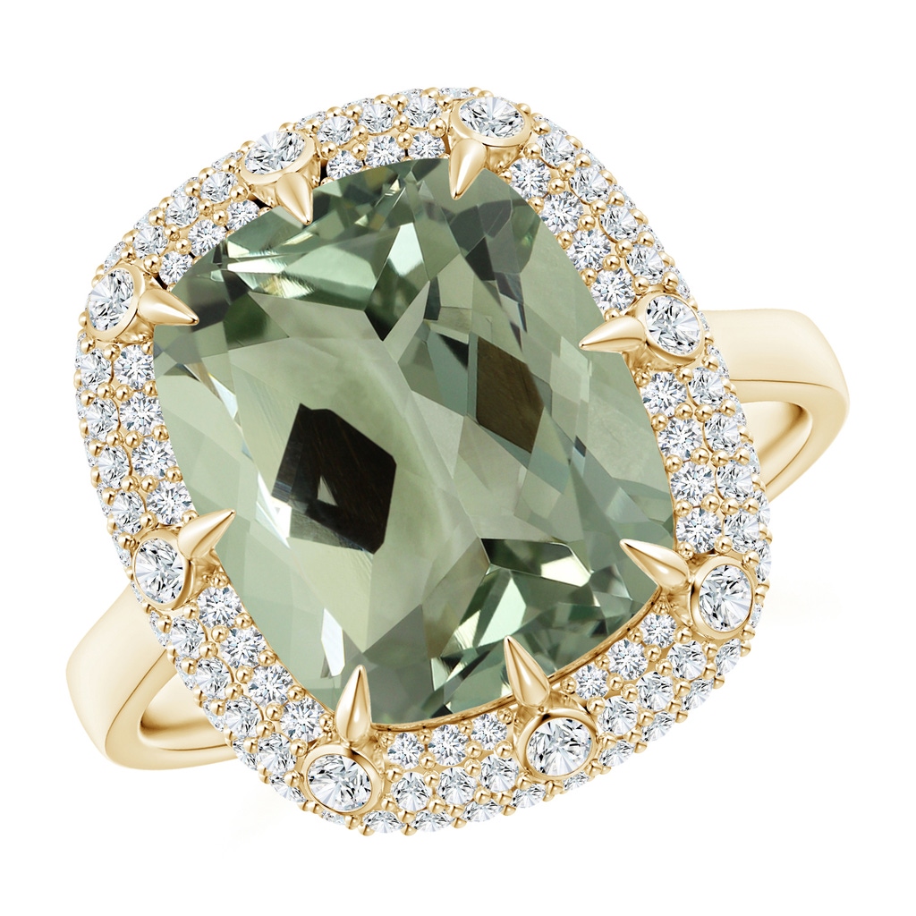 14.13x10.08x7.02mm AAAA GIA Certified Cushion Green Amethyst Halo Ring with Bezel-Set Accents in Yellow Gold