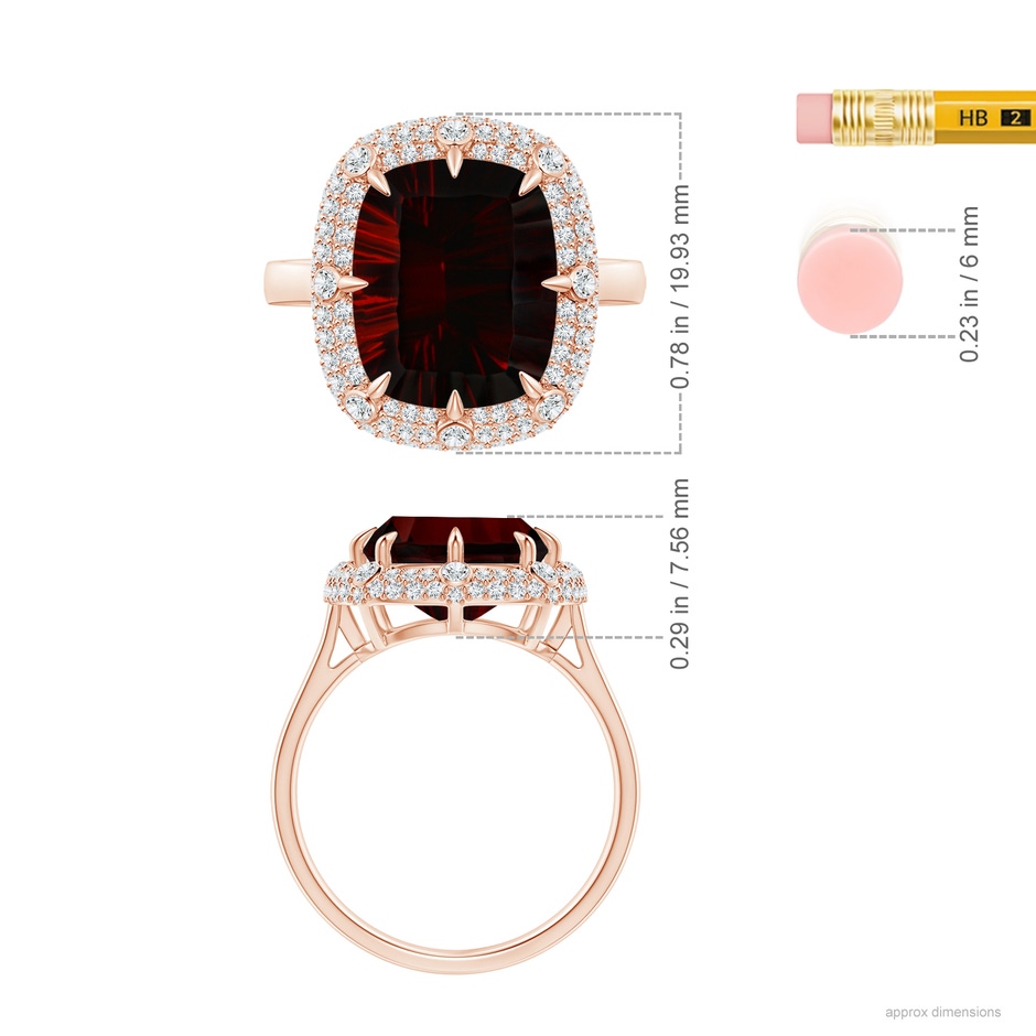 13.95x10.02x6.61mm AAAA GIA Certified Cushion Garnet Halo Ring with Bezel-Set Accents in 18K Rose Gold ruler