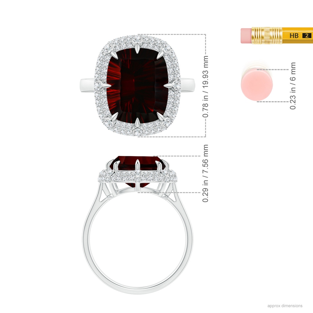 13.95x10.02x6.61mm AAAA GIA Certified Cushion Garnet Halo Ring with Bezel-Set Accents in White Gold Ruler