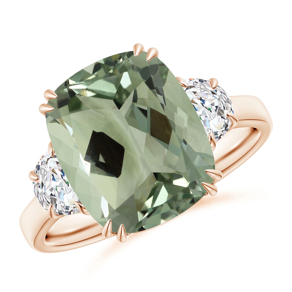14.13x10.08x7.02mm AAAA GIA Certified Cushion Green Amethyst Ring with Half Moon Diamonds in Rose Gold