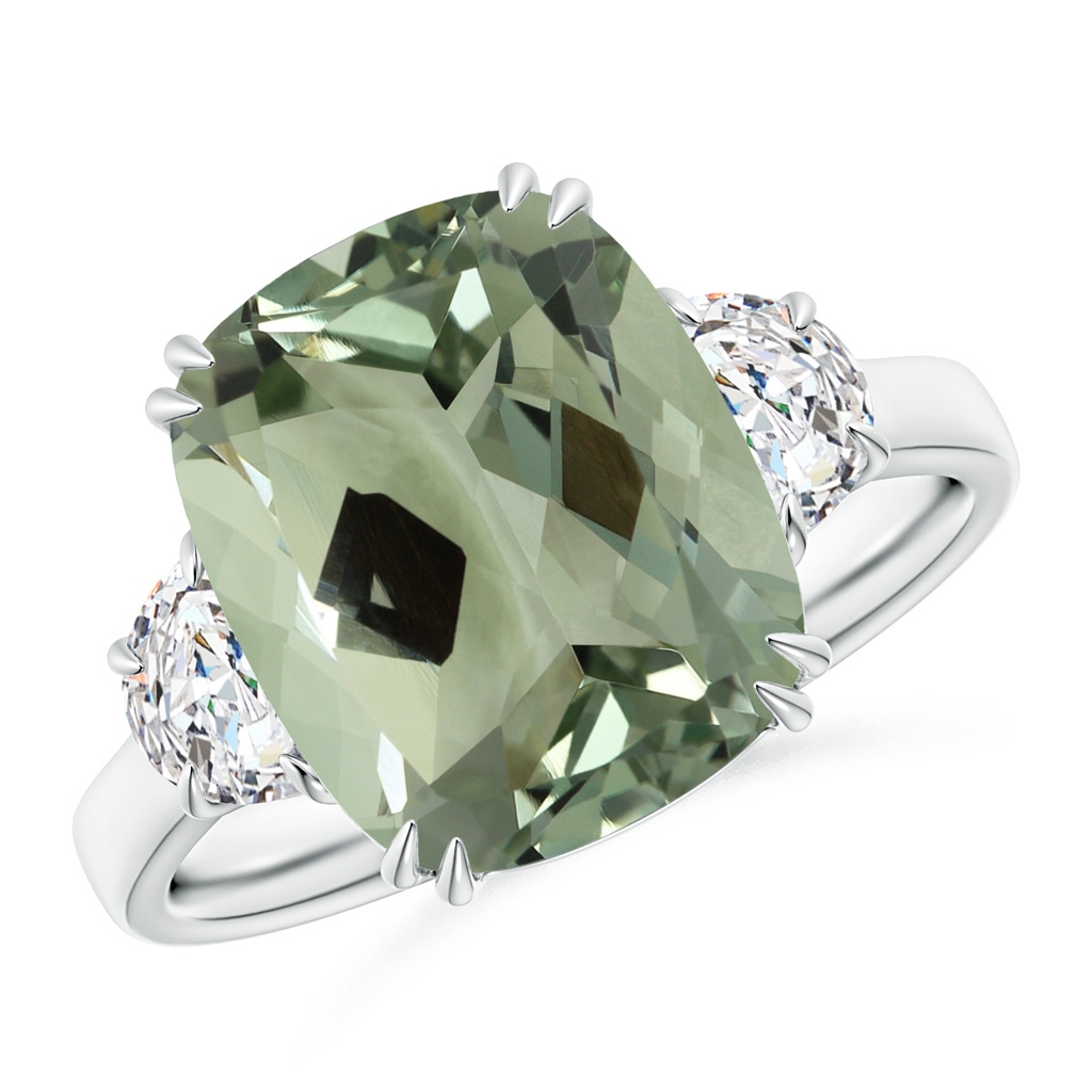 14.13x10.08x7.02mm AAAA GIA Certified Cushion Green Amethyst Ring with Half Moon Diamonds in White Gold