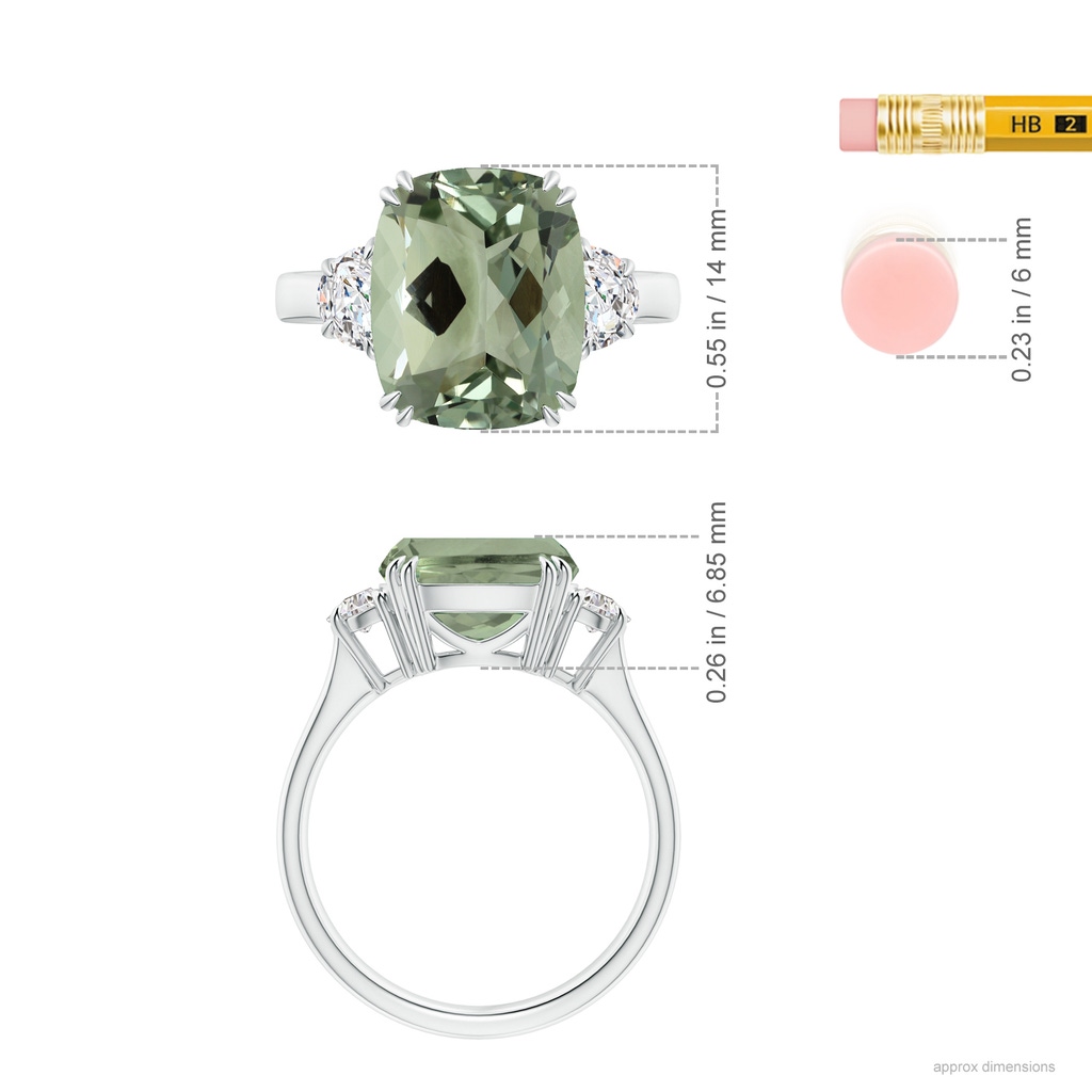 14.13x10.08x7.02mm AAAA GIA Certified Cushion Green Amethyst Ring with Half Moon Diamonds in White Gold ruler