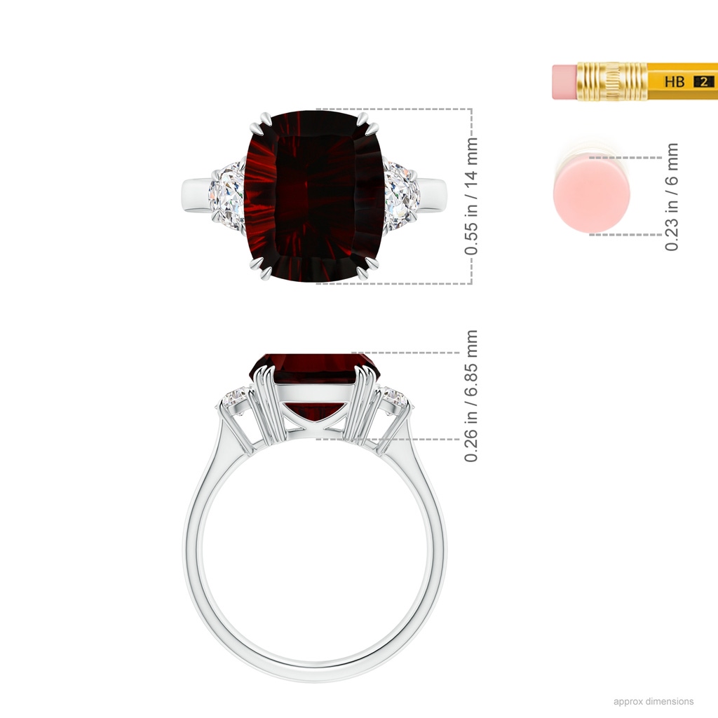 13.95x10.02x6.61mm AAAA GIA Certified Cushion Garnet Ring with Half Moon Diamonds in 18K White Gold Ruler