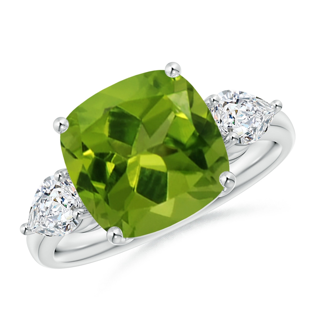 10.12x10.08x6.10mm AAAA GIA Certified Cushion Peridot Ring with Pear-Shaped Diamonds in White Gold
