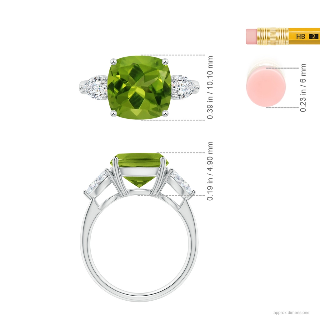 10.12x10.08x6.10mm AAAA GIA Certified Cushion Peridot Ring with Pear-Shaped Diamonds in White Gold ruler