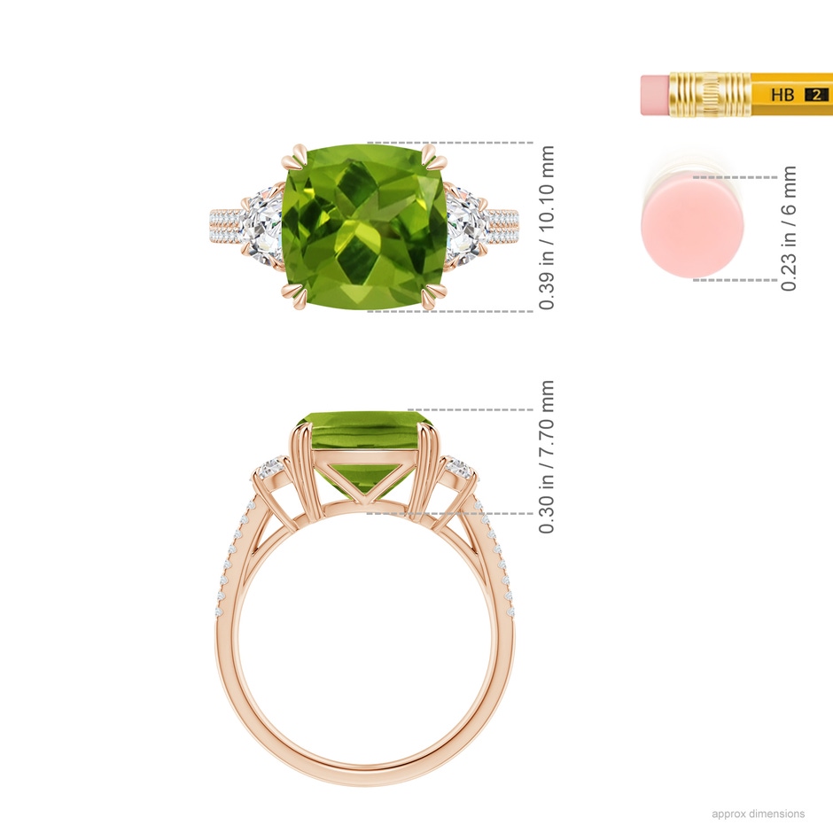 10.12x10.08x6.10mm AAAA GIA Certified Cushion Peridot Ring with Half Moon Diamonds in Rose Gold ruler